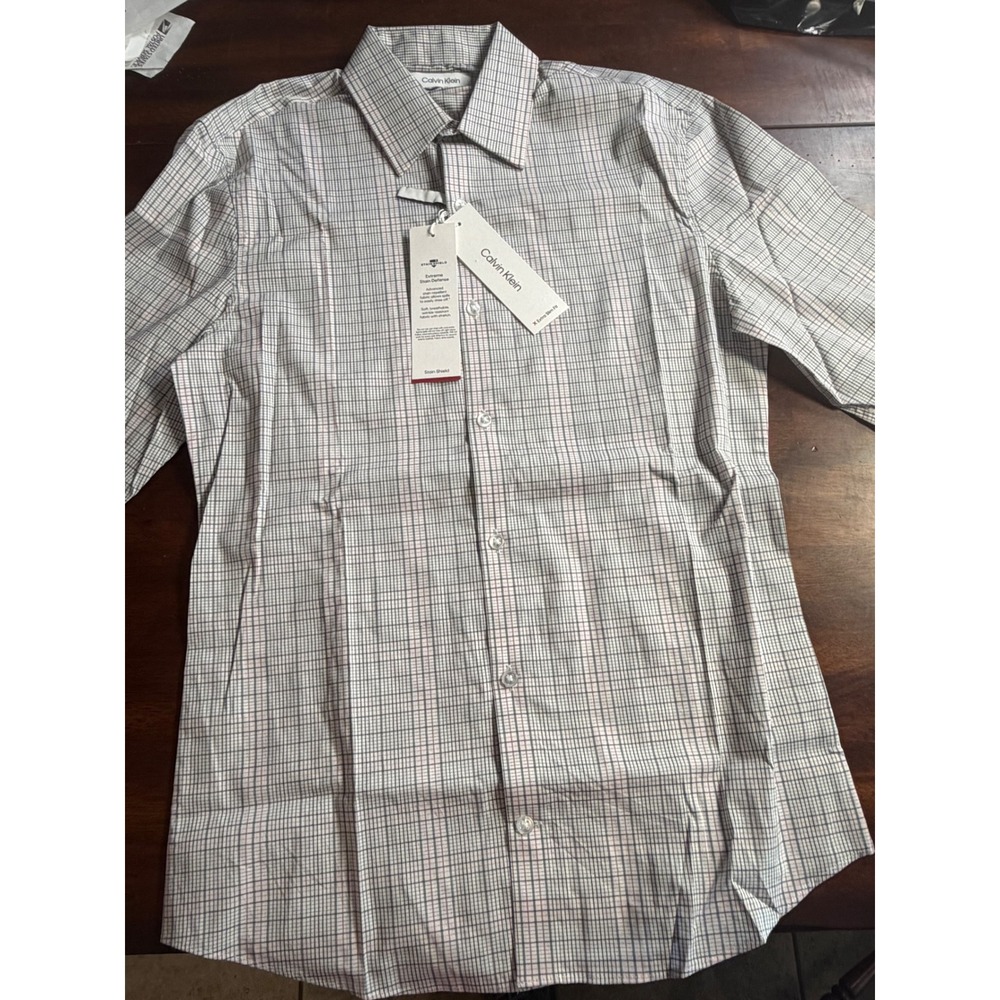 Calvin Klein Mens X Extra Slim Fit Plaid Dress Shirt Stain Shield White Red
